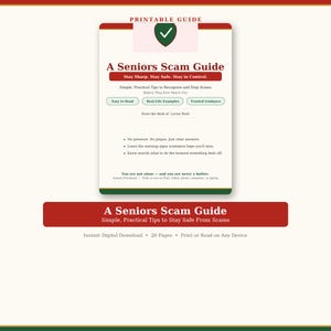 Pode incluir: Um guia imprimível intitulado A Seniors Scam Guide com o subtítulo Stay Sharp. Stay Safe. Stay in Control. Inclui seções para dicas de fácil leitura, exemplos da vida real e orientação confiável de Lorna Noel, além de pontos de lista.