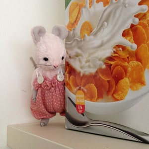 Peut inclure: Un jouet en peluche de souris rose et blanc portant une robe à pois rose et blanc se trouve sur une étagère à côté d'une boîte de céréales Frosted Flakes. La boîte a un fond vert avec une image de lait éclaboussant les céréales.