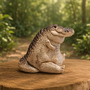 May include: A small, seated alligator figurine with a textured, off-white and dark brown mottled finish. The creature has a rounded belly, short limbs, and a wide, smiling snout with visible dark eyes, captured in a side profile view.