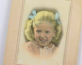 Vintage Studio Portrait Photo, pretty smiling girl child, hand tinted colored, circa 1950s