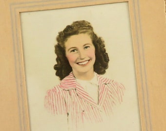 Vintage Studio Portrait Photo, pretty smiling woman, hand colored, circa 1950s
