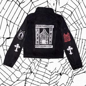 Custom Linocut Patchwork Black Denim Jacket