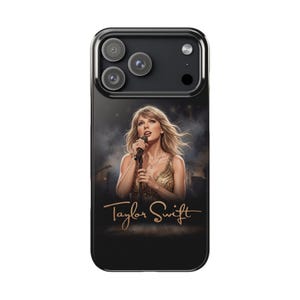 May include: A black smartphone case featuring a graphic illustration of a blonde person singing into a microphone while wearing a gold sequined top. The name Taylor Swift is printed in a cursive copper-colored font below the illustration.