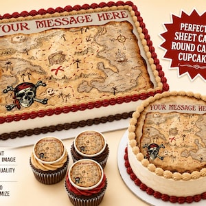 May include: A rectangular sheet cake and a round cake featuring an edible pirate treasure map print with a skull and crossbones, surrounded by dark red frosting borders. Three cupcakes with matching map toppers are displayed in the foreground.