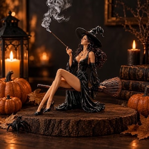 May include: A detailed figurine of a witch with long dark hair wearing a black dress and a pointed hat, sitting on a broomstick. The figure holds a smoking incense stick, wears black high heels, and is surrounded by pumpkins and autumn leaves.
