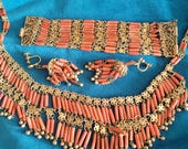 Antique Egyptian Revival Coral and Gilt Filigree Jewelry Set
