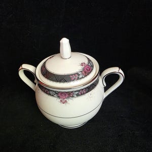 Vintage Noritake Etienne Sugar Bowl: Pink Rose China, Platinum Trim