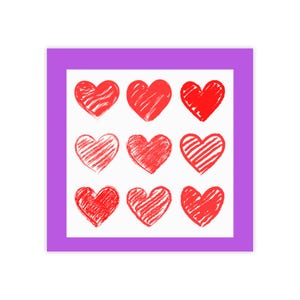 May include: A square print featuring a grid of nine red hearts, each with a unique hand-drawn scribble or hatched texture, set against a white background and enclosed within a solid purple border frame that surrounds the entire heart collection.