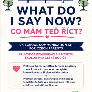 Puede incluir: Una guía educativa bilingüe titulada WHAT DO I SAY NOW? CO MÁM TEĎ ŘÍCT? con una ilustración de puente, corazones y árboles. Sirve como kit de comunicación escolar británica para padres checos, ofreciendo frases prácticas y plantillas de mensajes.