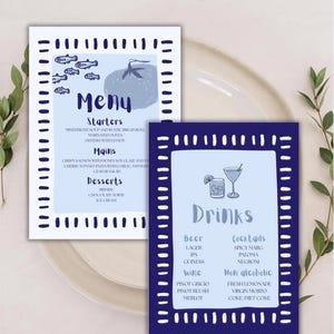 May include: Two rectangular menu cards with a dark blue dashed border on a light blue background. The left card is titled Menu and lists starters, mains, and desserts. The right card is titled Drinks and lists beer, cocktails, wine, and non-alcoholic options.