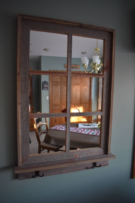 Barnwood Window Mirror 6 Panes Shelf Hooks