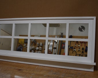 White Barnwood Window Mirror 10 pane with shelf.