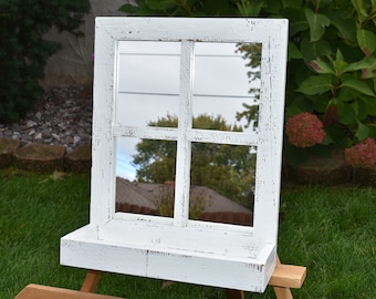 Barnwood white washed Window Mirror 4 Panes with shelf