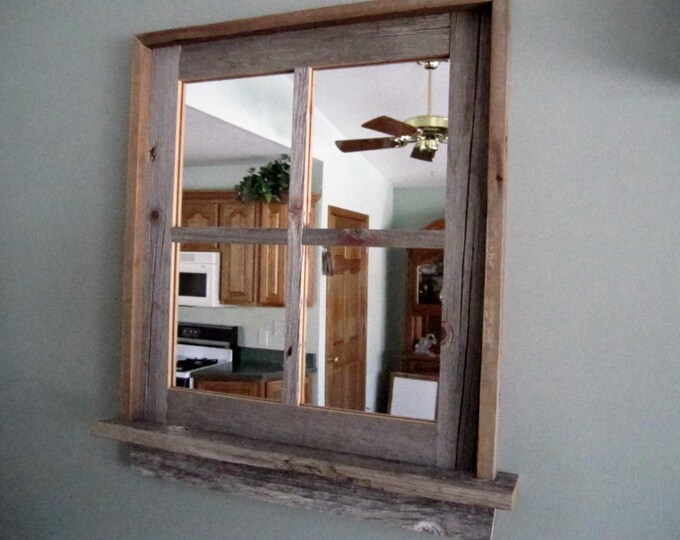 Barnwood Window Mirror 4 Panes With Shelf Etsy