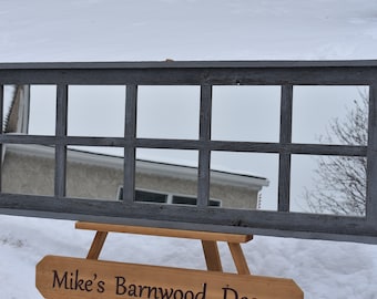 Gray washed Barnwood Window Mirror 10 pane with shelf.