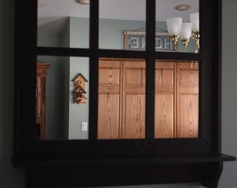 Black Barnwood Window Mirror with Shelf