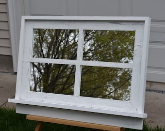 Barnwood white washed 4 pane mirror with shelf