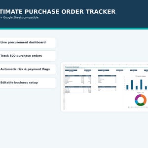 Puede incluir: Una plantilla digital de seguimiento de órdenes de compra para Excel y Google Sheets que incluye un panel de adquisiciones con tablas de datos, un gráfico de barras y un gráfico de anillos para gestionar pedidos y riesgos.