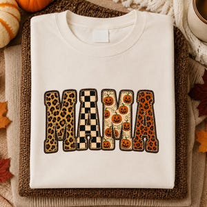 Fall Mama PNG, Halloween Patchwork MAMA PNG, Leopard Pumpkin Sublimation, Cozy Autumn Shirt Design, Fall Mama Digital Png