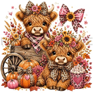 May include: A digital illustration featuring two fluffy brown highland calves decorated with leopard print bows and floral crowns. One calf sits in a wooden wagon with pumpkins, while the other sits beside a pink leopard print mug with a heart.