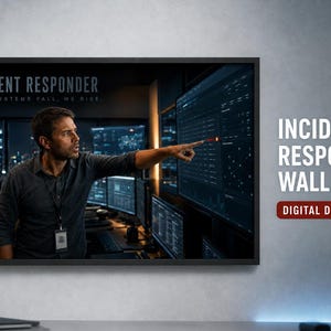 Könnte beinhalten: Ein gerahmter Wandkunstdruck, der eine Person zeigt, die in einem dunklen Büro auf einen Computerbildschirm zeigt. Der Text INCIDENT RESPONDER WHEN SYSTEMS FALL, WE RISE ist sichtbar. Rechts steht der Text INCIDENT RESPONDER WALL ART DIGITAL DOWNLOAD.
