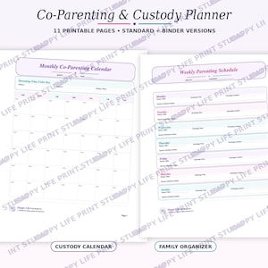 May include: A Co-Parenting & Custody Planner with 11 printable pages in standard and binder versions. The document includes a Monthly Co-Parenting Calendar and a Weekly Parenting Schedule with sections for exchange times, locations, and school activities.