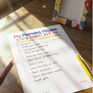 Peut inclure: Une liste de contrôle en papier blanc intitulée My Morning Mission KIDS CHEKLIST avec des tâches manuscrites, des cases à cocher et du texte coloré. Un crayon jaune et un crayon rose sont posés sur le papier, près d'un cadre photo coloré.