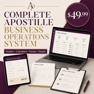 May include: A digital business operations system for apostille services featuring a laptop displaying a client tracker, a tablet showing a pricing calculator, a printed intake form, and a clipboard with email templates, all in a professional color palette.