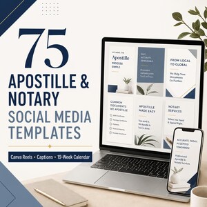 May include: A digital product display featuring 75 Apostille & Notary Social Media Templates shown on a laptop and smartphone screen. The graphics include text such as We Make the Apostille Process Simple, From Local to Global, and Notary Services.
