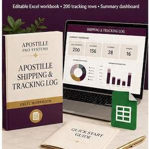 Può includere: Un set di prodotti digitali che include una cartella di lavoro Excel Apostille Shipping & Tracking Log, un laptop con dashboard di spedizione, una guida rapida e una penna dorata. La copertina della cartella è bianca e viola con testo.