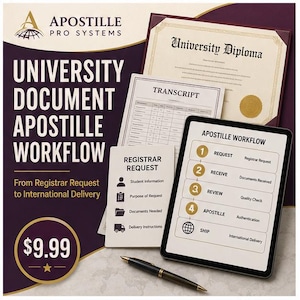 May include: A document set featuring a University Diploma, a transcript, and a Registrar Request form alongside a tablet displaying an Apostille Workflow chart. The text reads Apostille Pro Systems, University Document Apostille Workflow, and Request, Receive, Review, Apostille, Ship.