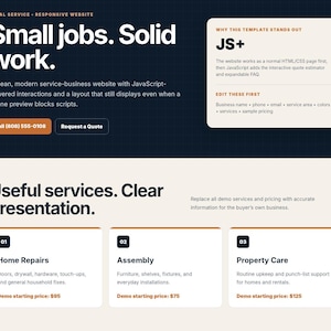 May include: A website template design featuring a dark blue header with the text Small jobs. Solid work. and a call button with the phone number (808) 555-0108. Below, a light section displays three service cards for Home Repairs, Assembly, and Property Care.