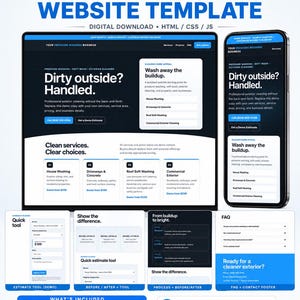 Könnte beinhalten: Eine digitale Website-Vorlage für ein Hochdruckreinigungsunternehmen mit responsivem Desktop- und Mobile-Layout. Das Design umfasst Bereiche für Dienstleistungen, ein Schnellschätzungstool, Vorher-Nachher-Projektgalerien und einen FAQ-Bereich.