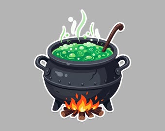 Pode incluir: Um caldeirão de ferro fundido preto com duas alças laterais assenta sobre uma pequena pilha de troncos em chamas. O pote está cheio de um líquido verde brilhante borbulhante que emite vapor verde claro, e uma concha de madeira castanha repousa dentro.