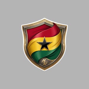 May include: A shield-shaped emblem featuring a waving flag with horizontal red, yellow, and green stripes and a central black star. The shield has a metallic gold border with intricate geometric patterns and a small Adinkra symbol at the base.