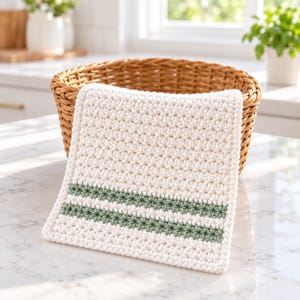 May include: A square, off-white crocheted washcloth featuring a textured stitch pattern and two horizontal sage green stripes near the bottom edge. The washcloth is draped over the front rim of a round, woven brown wicker basket.