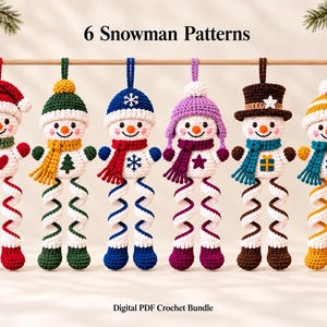 May include: Six crocheted snowman ornaments hanging from a wooden rod, each with a unique hat, scarf, and spiral legs. The text 6 Snowman Patterns and Digital PDF Crochet Bundle is visible. Each snowman features a white body with colorful accents.