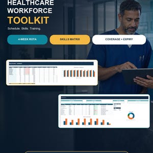 Könnte beinhalten: Ein digitales Healthcare Workforce Toolkit mit dem Text SCHICHTWERK DIGITAL, HEALTHCARE WORKFORCE TOOLKIT, Schedule. Skills. Training. Enthält Schaltflächen für 4-WEEK ROTA, SKILLS MATRIX, COVERAGE + EXPIRY, zwei Tabellenvorschauen sowie 2 EXCEL SYSTEMS + 3 PDF GUIDES.