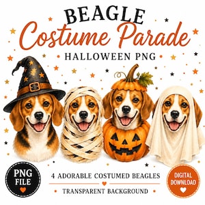 Puede incluir: Un gráfico digital titulado BEAGLE Costume Parade HALLOWEEN PNG que muestra cuatro perros beagle disfrazados: una bruja con sombrero negro, una momia con vendas, una calabaza y un fantasma bajo una sábana blanca, rodeados de estrellas.