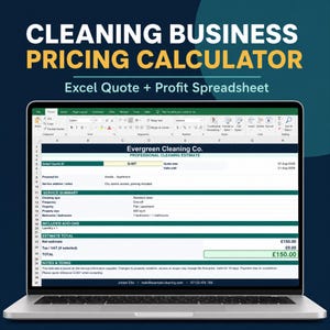 May include: A laptop screen displaying a Cleaning Business Pricing Calculator Excel spreadsheet. The document features a professional cleaning estimate for Evergreen Cleaning Co. with fields for service summary, included add-ons, and a total of £150.00.