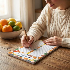 May include: A rectangular notepad titled My Grocery List with a colorful citrus fruit pattern featuring oranges, lemons, and limes. The notepad has two columns of lined spaces with checkboxes for writing items, and it is being used with a wooden pen.