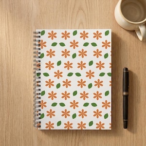 Spiral Notebook, Retro Floral Journal, Cute Flower Print Notebook, Lined Notebook Gift for Her, Orange Daisy Pattern, Stationary Lover