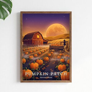 Impressão de plantação de abóboras, pôster de outono com lua cheia, arte de parede retrô de fazenda de outono, impressão vintage de celeiro para o Halloween (download digital)