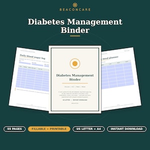 Puede incluir: Un conjunto de planificador digital Diabetes Management Binder con una página de portada central con el texto BeaconCare, Diabetes Management Binder, Glucose, A1C, Meds, Meals y US Letter, flanqueado por un registro diario de glucosa y un planificador de comidas.