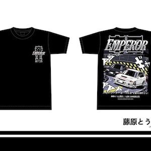 May include: A black short-sleeved t-shirt featuring a small white Emperor logo on the front left chest. The back displays a large graphic of two racing cars on a track with the text Emperor, Japanese characters, and Los Angeles printed below.