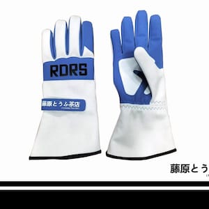 May include: A pair of white and blue gloves featuring the text RDRS in black on the back of the hand and a blue strap with the Japanese text 藤原とうふ茶店 and the English text FUJIWARA TOFU CAFE printed on the wrist area of the left glove.