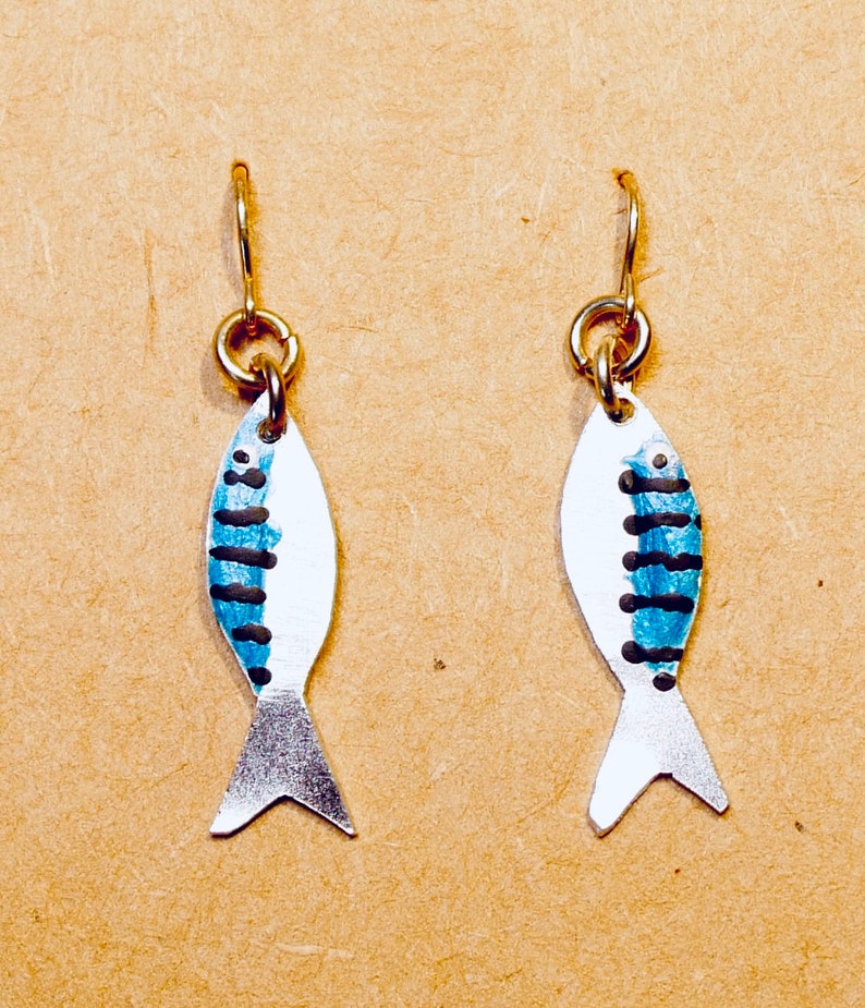 Silver Recycled aluminium Mackerel earrings. Non tarnish and light weight. image 1