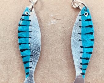 large waste aluminium Cornish Mackerel earrings with silver hooks .