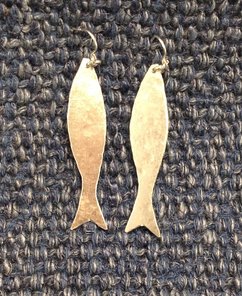 Silver Reclaimed aluminium Long Fish Earrings. Light weight and non tarnish image 2