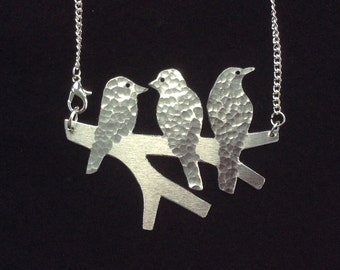 Silver Recycled aluminium Garden Birds On a Branch Necklace. hand crafted non tarnish and light weight.